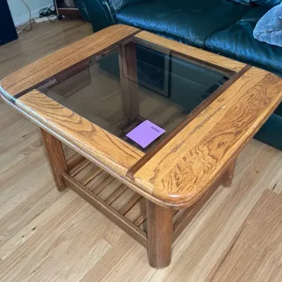 Vintage 1970’s Style Oak And Smoked Glass End Table