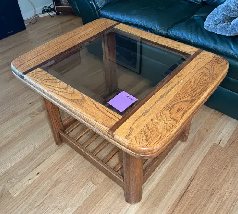 Vintage 1970’s Style Oak And Smoked Glass End Table