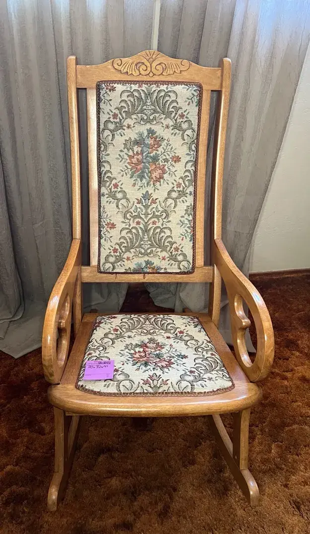 Vintage Wooden Hugh Back Rocking Chair And Upholstered Floral Dear
