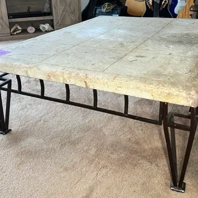 Travertine Stone Top Coffee Table With Black Iron Base