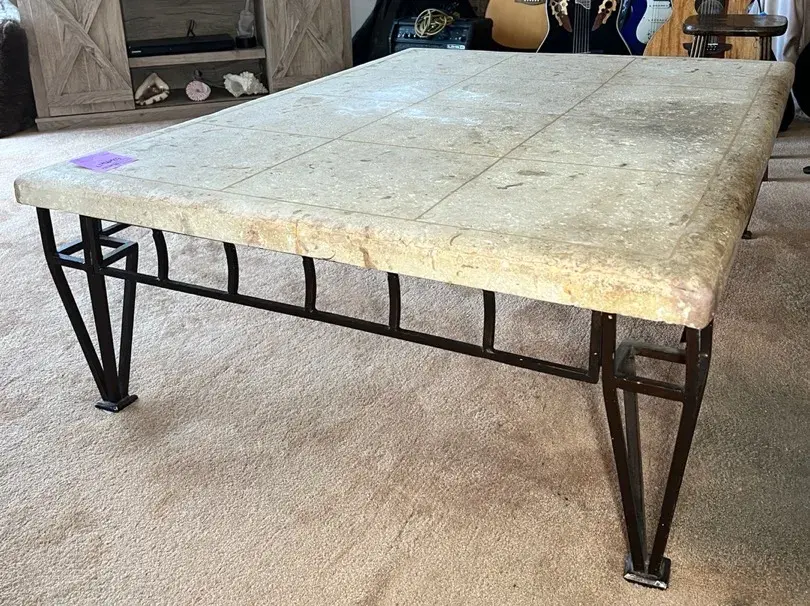 Travertine Stone Top Coffee Table With Black Iron Base