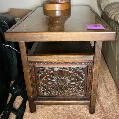Hand Carved Wooden Open Lower Shelf Accent Table