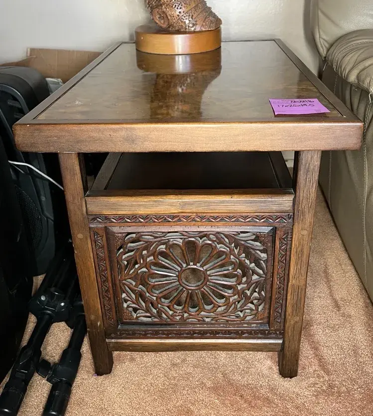 Hand Carved Wooden Open Lower Shelf Accent Table