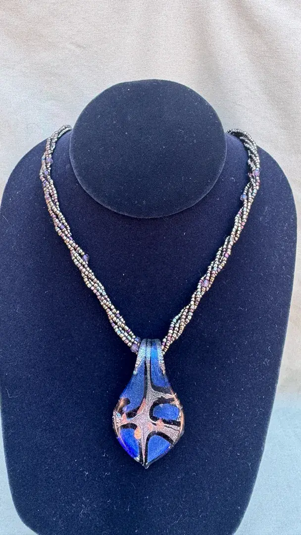 Blue Dichroic Art Glass Pendant Multi-Strand Beaded Necklace