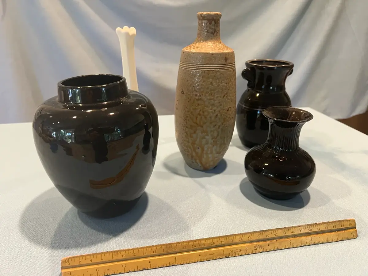 Lot Of 5 Assorted Vases, Stoneware, Glazed & Glass