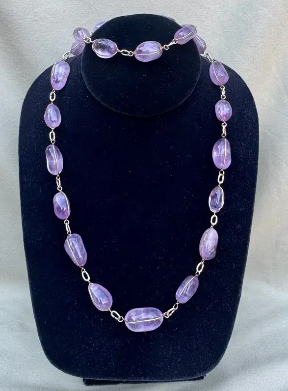 Amethyst Nugget Stone Necklace  Gold-Tone Wire Links