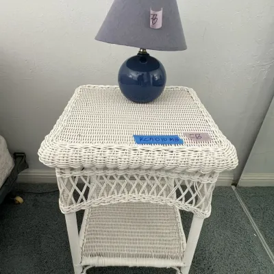 White Painted Wicker Nightstand W/Lamp