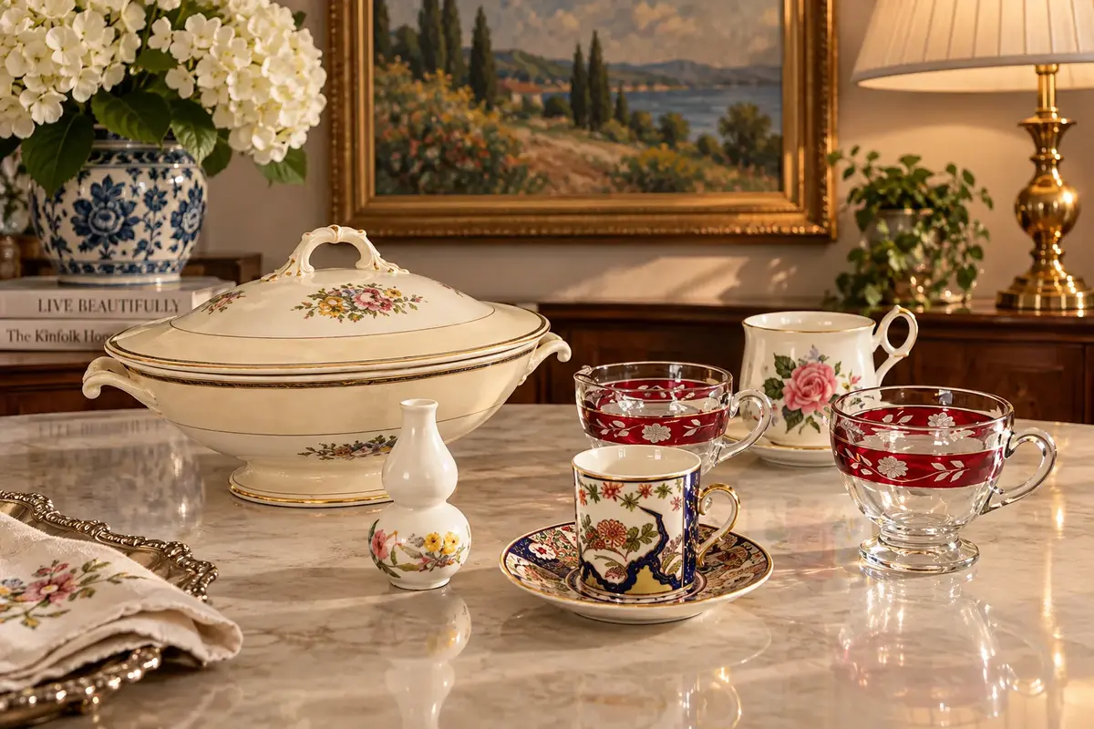 Vintage Tableware & Porcelain Lot – Covered Tureen, Cranberry Glass, Demitasse Tea Cups
