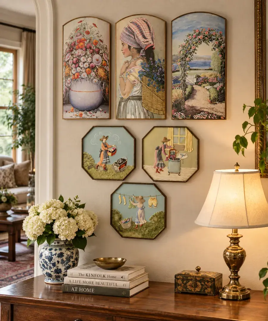 Vintage Wall Decor – 3D "Laundry Day" Plaques & Hand-Painted Curved Ceramic Tiles