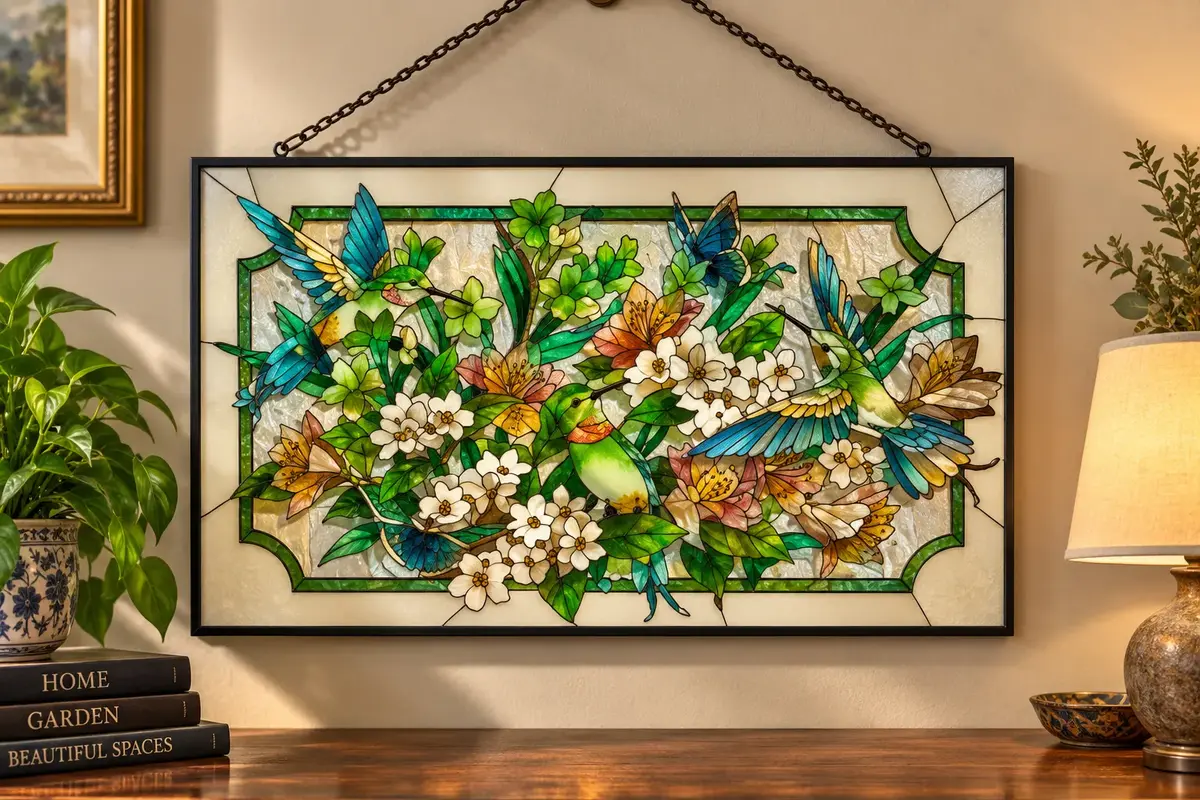 Vintage Stained Glass Hummingbird Suncatcher Window Panel - 1990s Art Glass