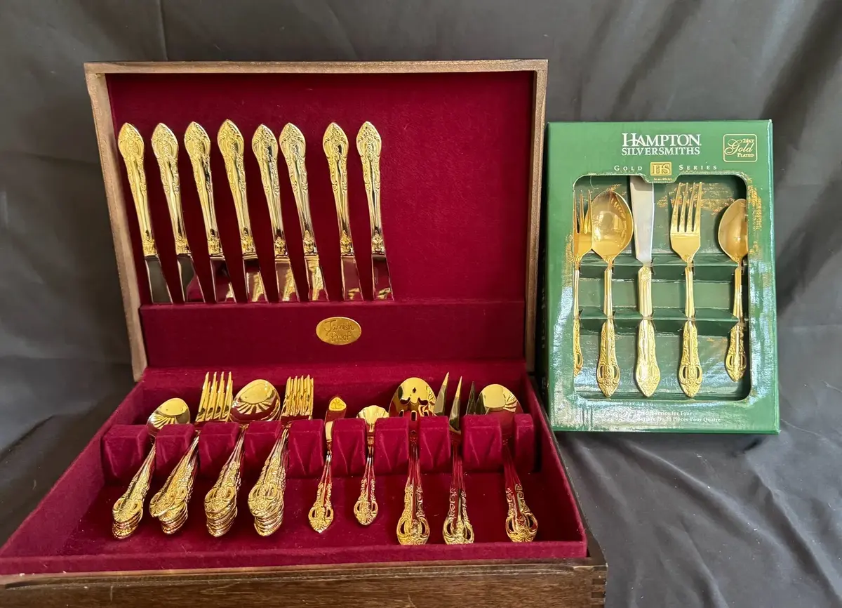 Hampton Silversmiths 24K Gold Plated Flatware Collection with Wooden Storage Chest (65 pcs)