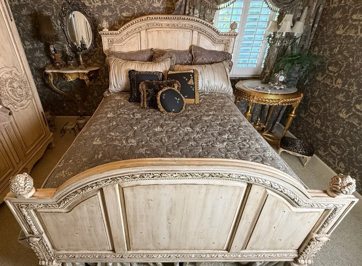 Ornate French Provincial Louis XVI Style King Bed with Matching Bed Step Stool
