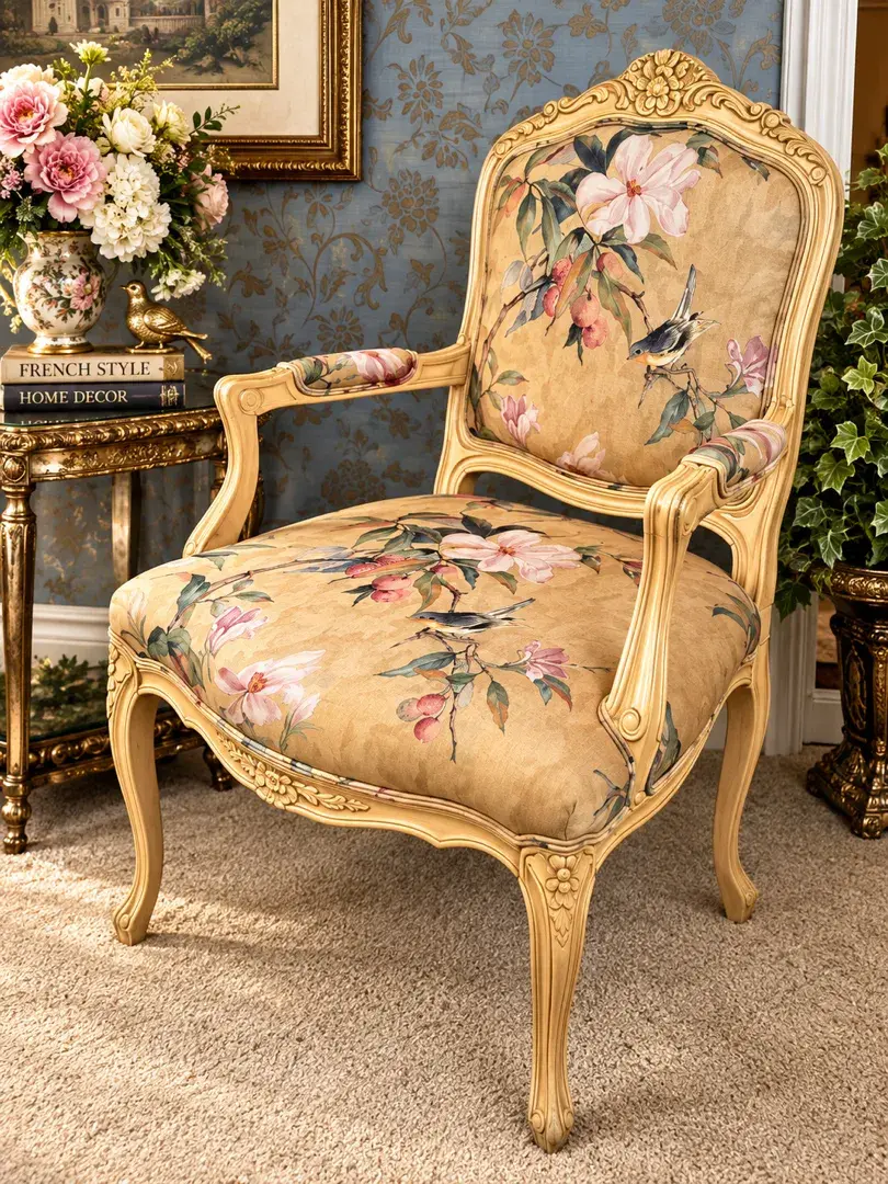French Provincial Floral & Bird Upholstered Armchair