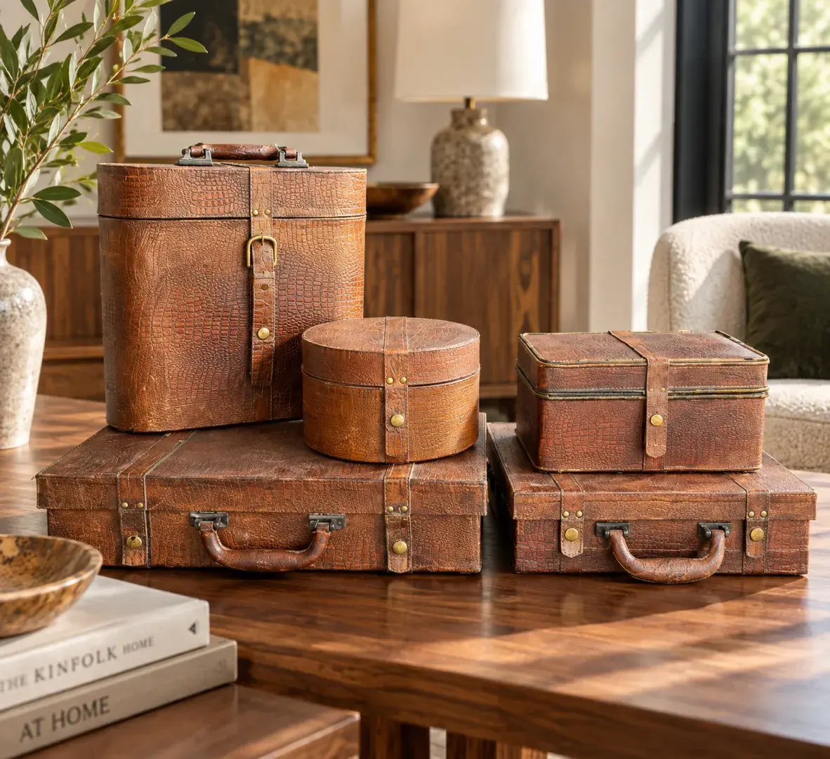 Oxford Alligator-Pattern Vintage Luggage & Storage Case Collection -  5 Pieces 