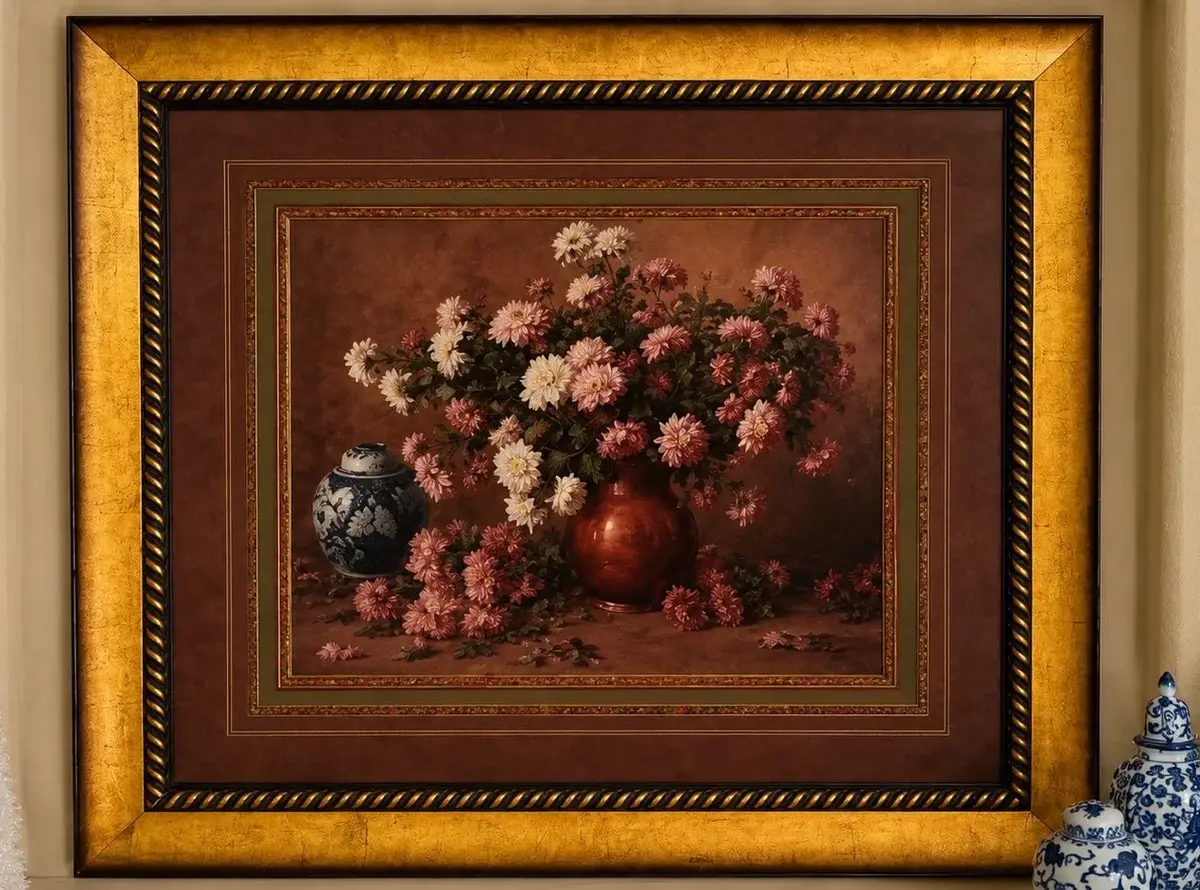 Large Signed P.Cremers Floral Still Life Print With Gold-Tone Frame