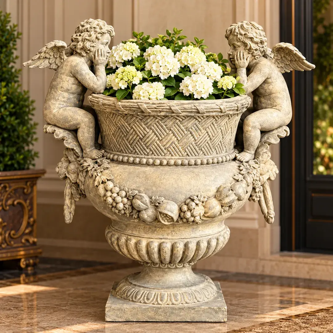 Classical Cherub Garden Urn Planter with Fruit Garland,  Aged Stone Finish 