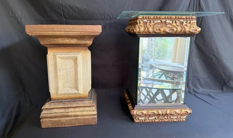 Pair of Ornate Gold-Tone Pedestal Display Stands,  Mirrored & Classical Style