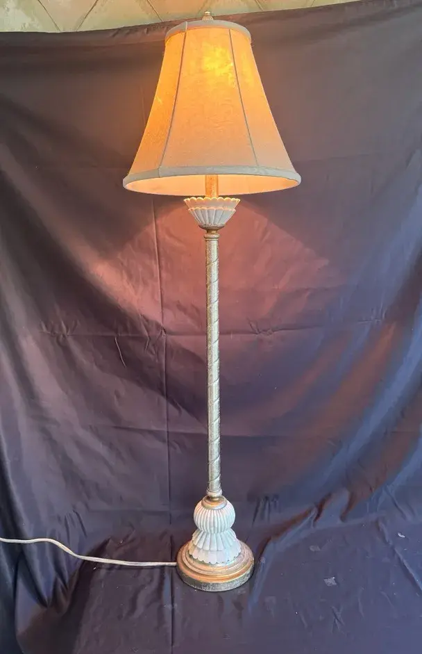 Tall Traditional Floor Lamp with Decorative Column and Fabric Shade
