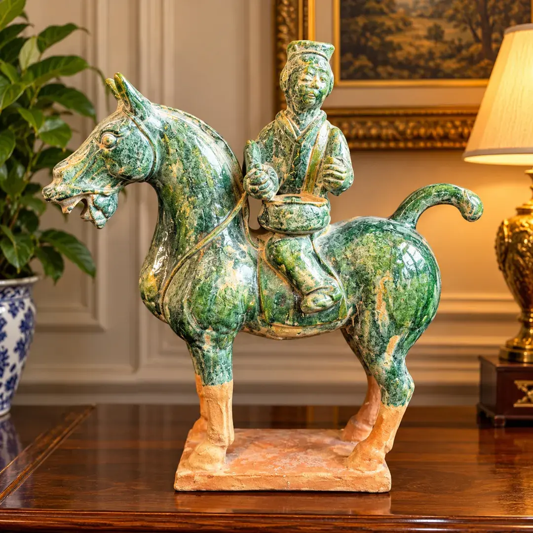 Tang Sancai Style Chinese Pottery Horse & Rider Figure 