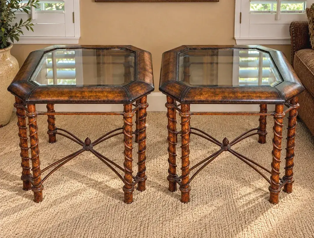 Pair of Matching Traditional Glass-Top Side Tables  Made in the Philippines