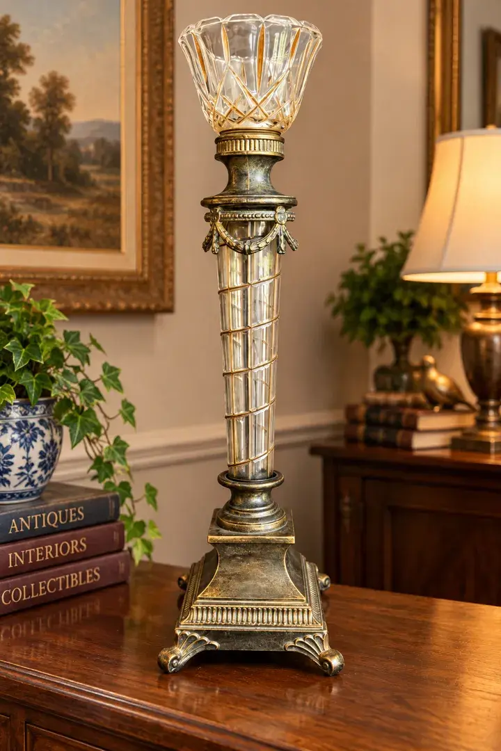 Tall Neoclassical Glass & Gold-Tone Candle Holder
