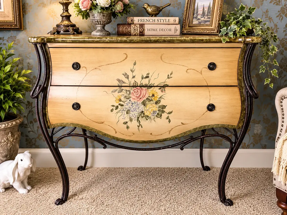 Hand-Painted Floral Bombe Chest with Ornate Metal Scrollwork  2 Drawers