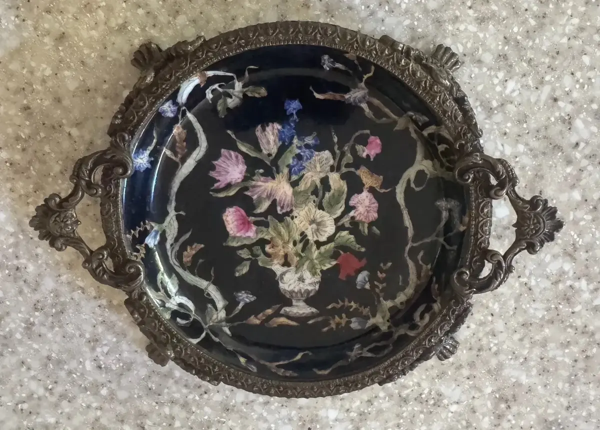 Vintage Chinese Enameled Footed Tray with Ornate Metal Handles