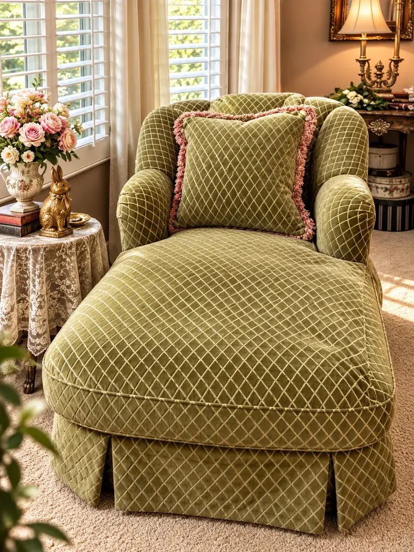 Green Upholstered Chaise Lounge with Matching Accent Pillow