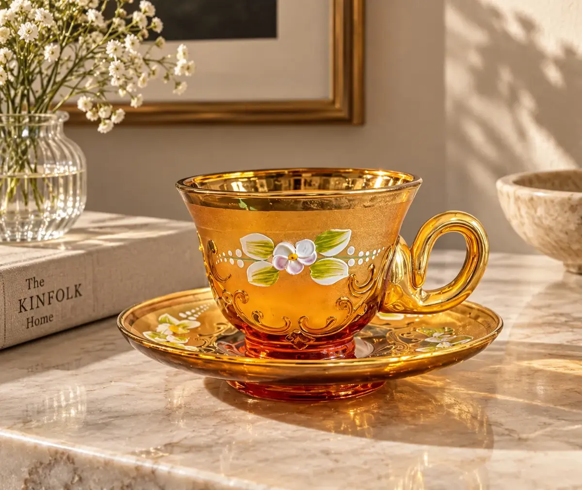 Murano Glass Amber Cup & Saucer with 24K Gold Paint