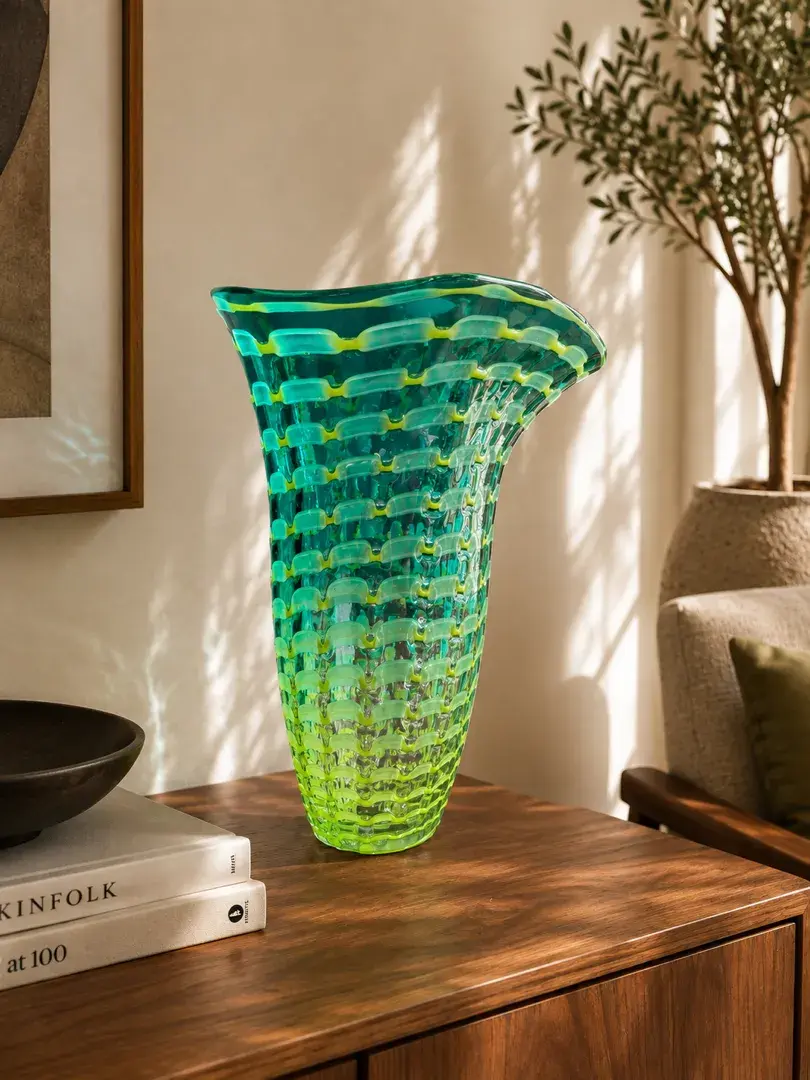 Dale Tiffany Green & Teal Art Glass Vase With Silk Flowers