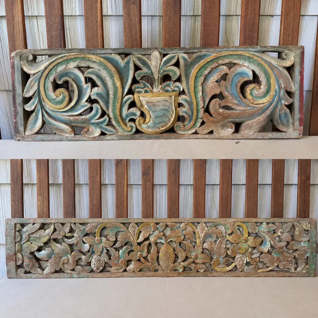 Pair of Hand-Carved Wood Architectural Panels  Floral, Scroll & Fruit Motifs