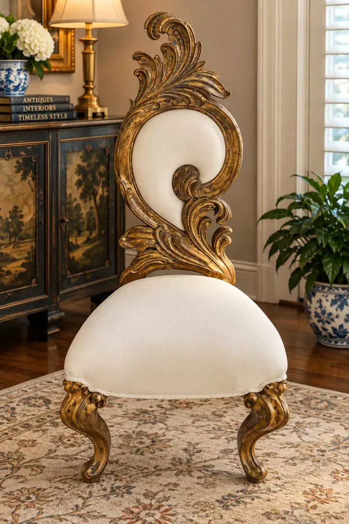 Ornate Rococo Style Gold Gilt Scroll Back Accent Chair