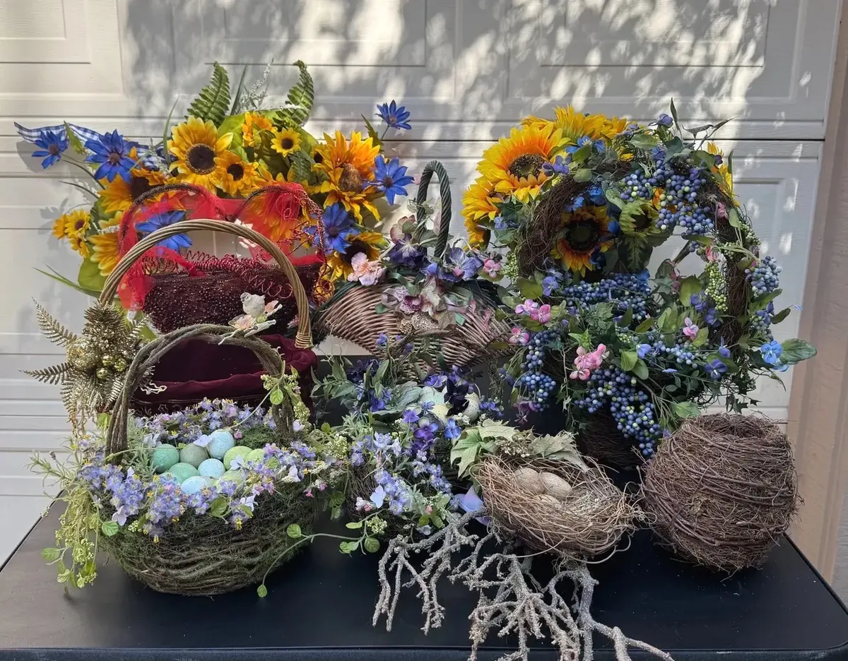 Large Lot of Decorative Floral Arrangements, Wreaths, Baskets & Bird Nests 
