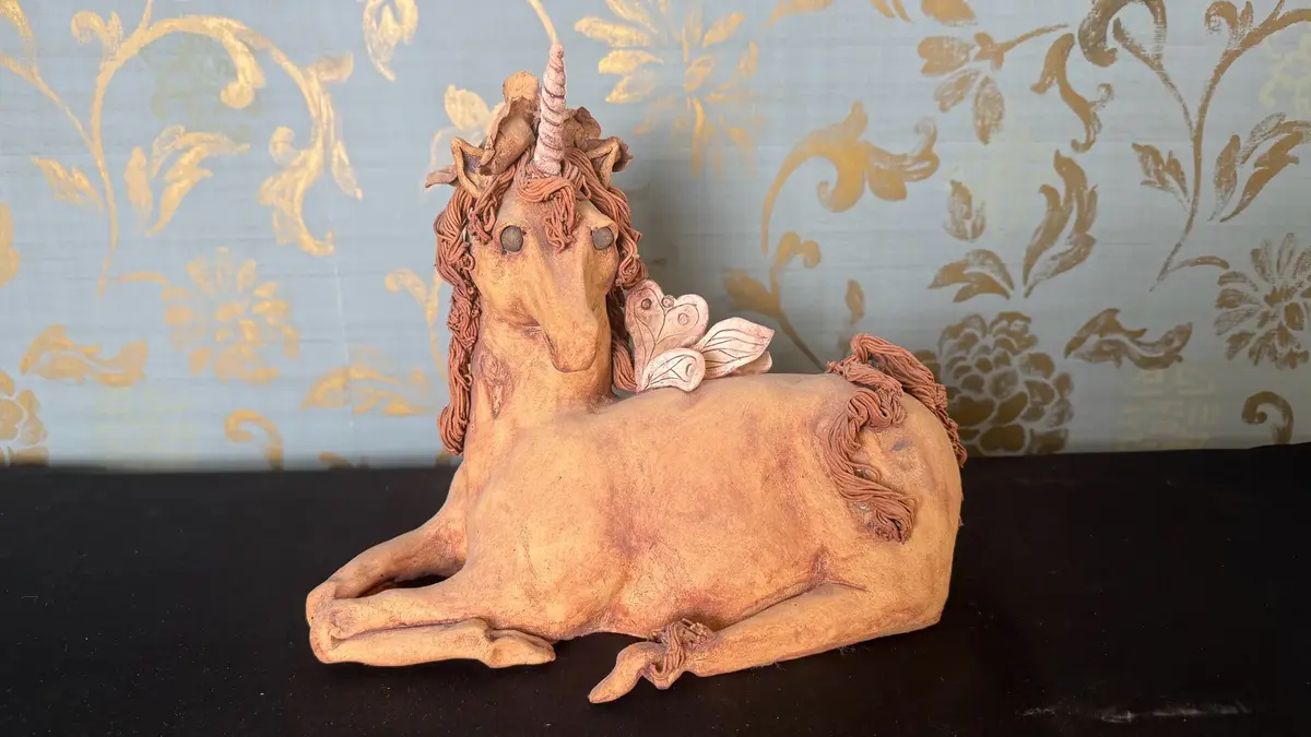 Whimsical Signed Handcrafted Clay Unicorn Sculpture with Wings