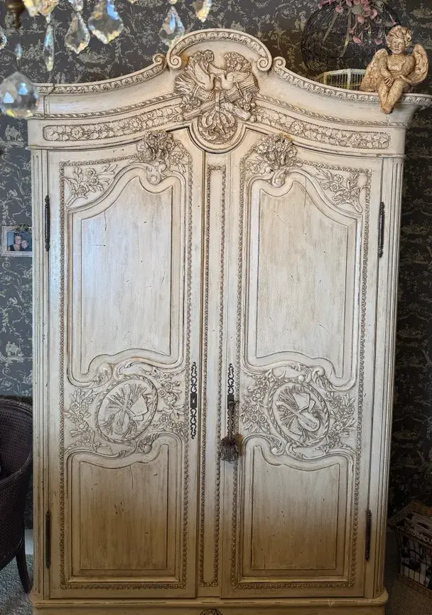 French Rococo Louis XV Style Carved Armoire  Musical & Floral Motifs