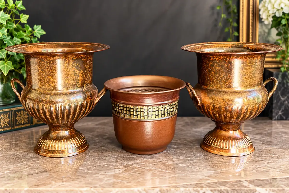 Set of 3 Decorative Planters  Pair of Brass Urns & Handcrafted Dark Bronze Planter