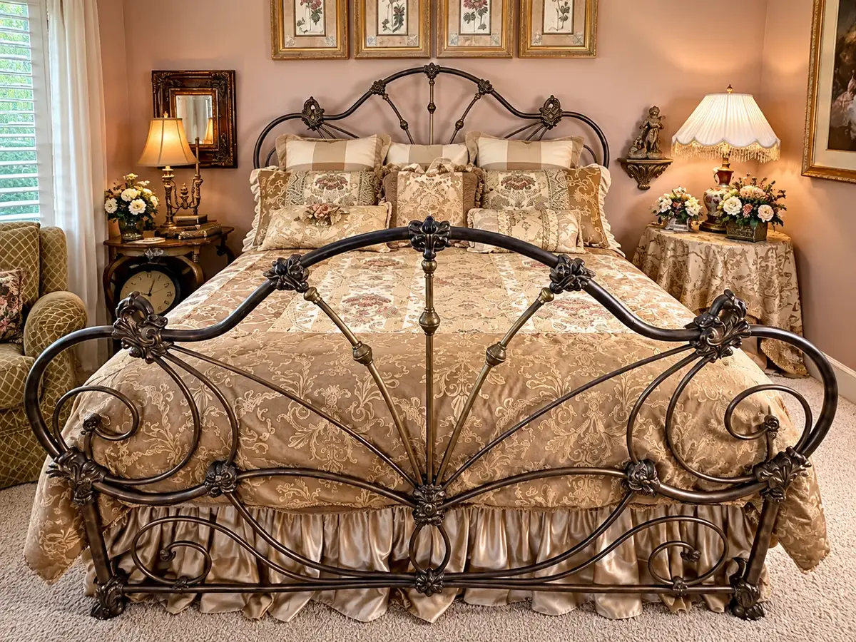 Ornate California King Size Metal Bed Frame with Scrollwork