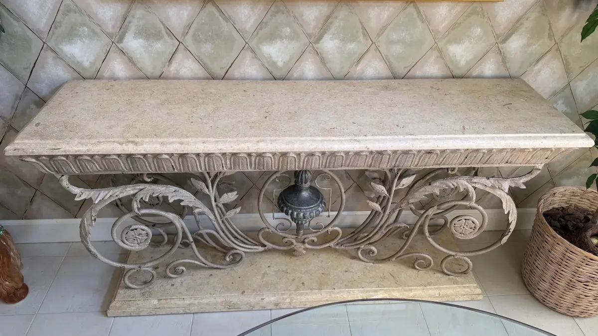 Ornate Heavy Stone Top Console Table with Scrollwork Metal Base