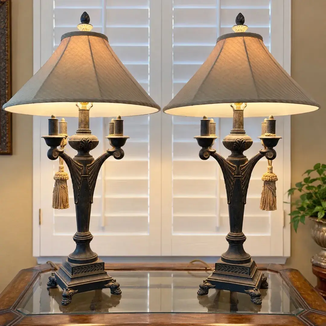 Pair of Ornate Cast Iron Neoclassical Table Lamps & Tassels Accents 