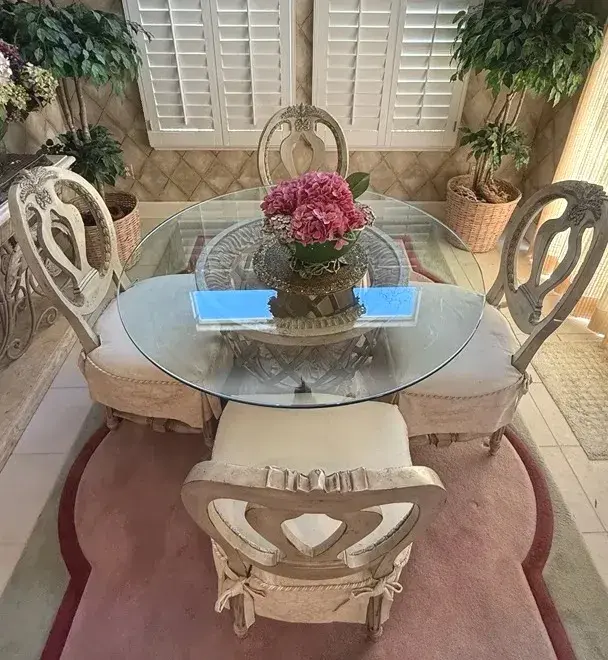 French Country Round Glass Dining Table with 4 Chairs  King Group Furniture
