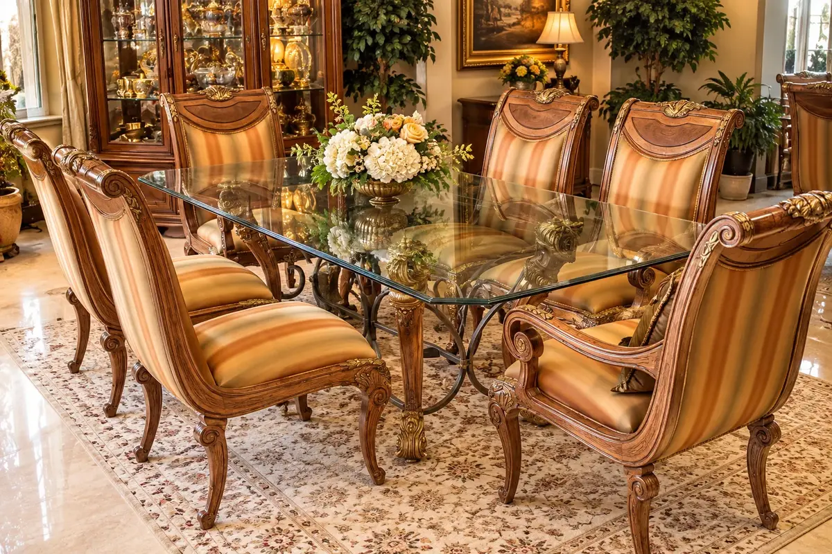 JEFFCO Ornate Glass-Top Dining Table & Upholstered Chair Set