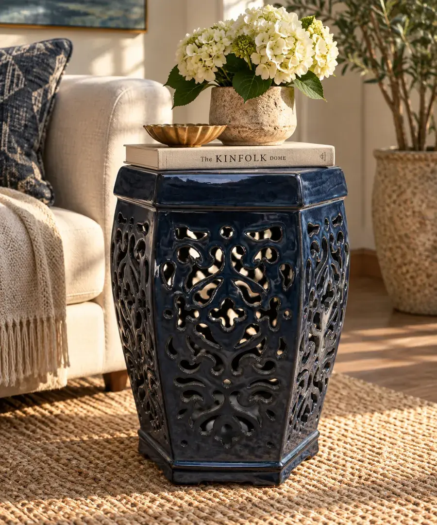Dark Blue Pierced Ceramic Garden Stool / Accent Table