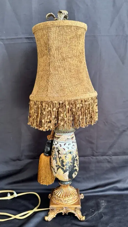 Vintage Satsuma-Style Porcelain Table Lamp with Fringed Shade