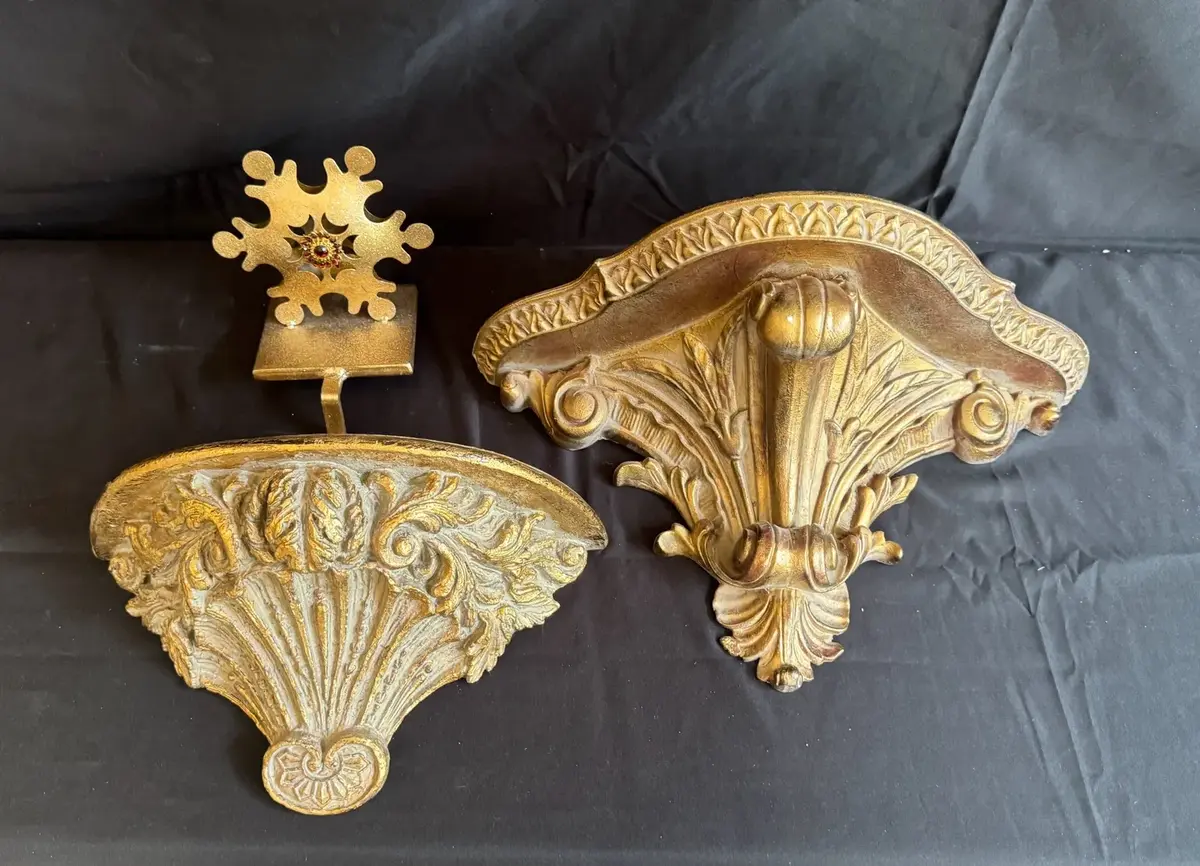 Ornate Gold-Tone Architectural Wall Shelves & Decorative Accent (3 pcs)