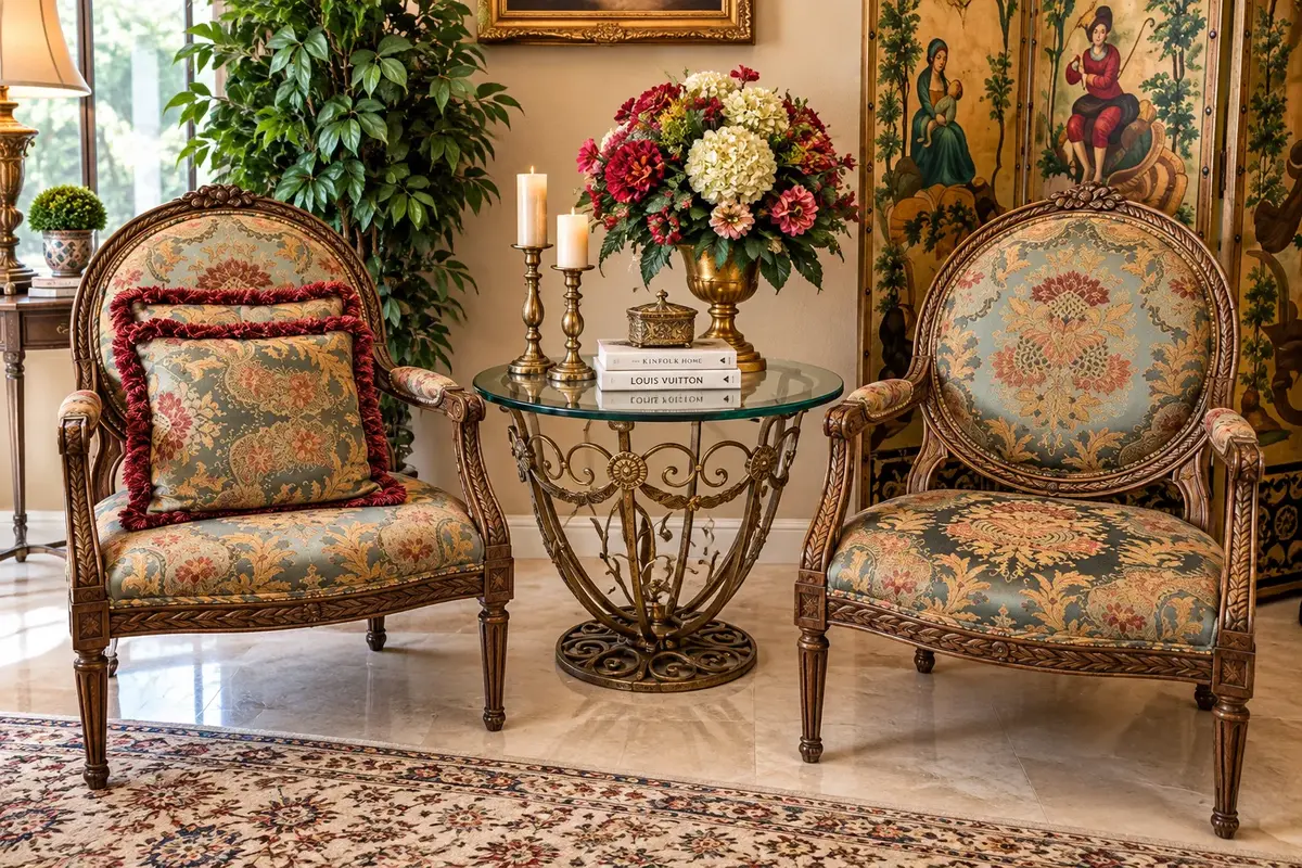 Drexel Heritage Carved Armchair & Round Glass-Top Accent Table Set