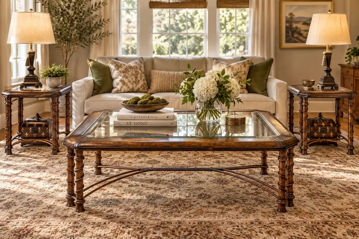 Traditional Glass-Top Coffee Table with Spiral Legs  Made in the Philippines