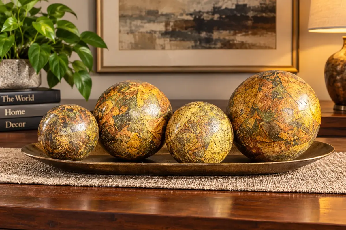 Set of 4 Vintage-Style World Map Decorative Spheres with Gold-Tone Tray 