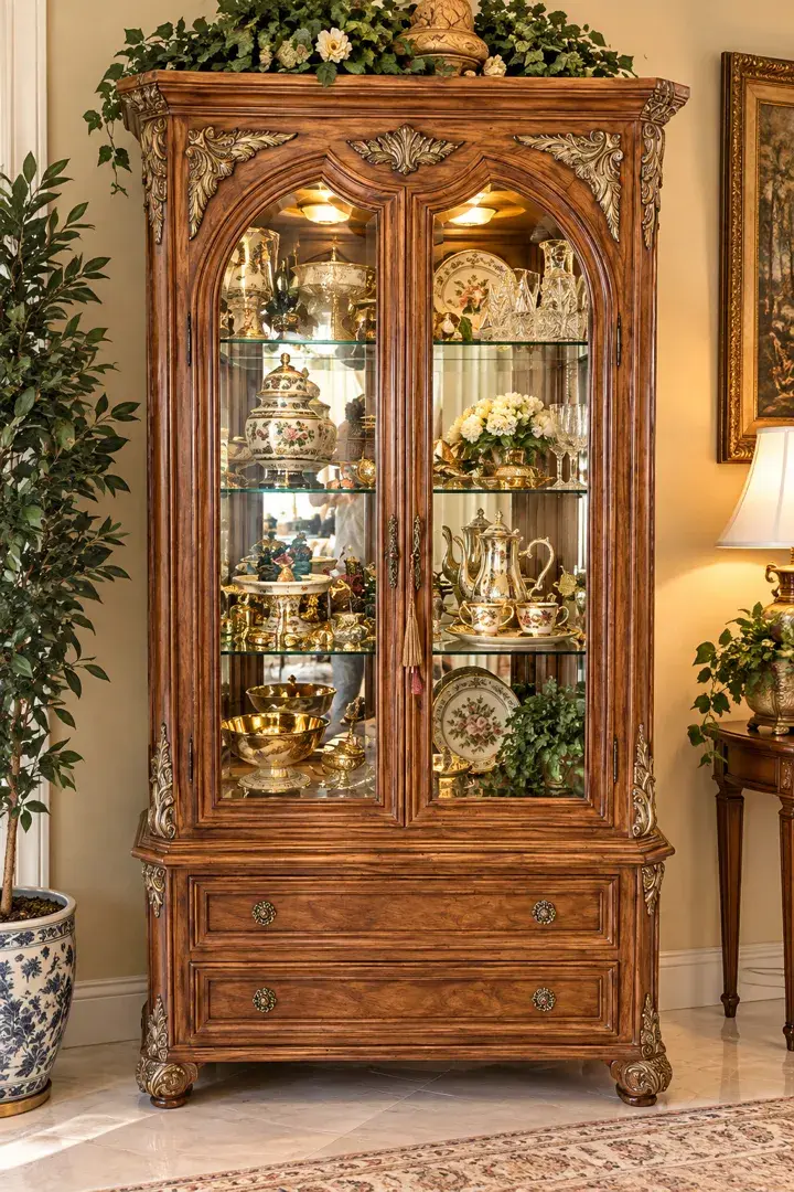 JEFFCO Ornate Glass China & Curio Display Cabinet with Lighting