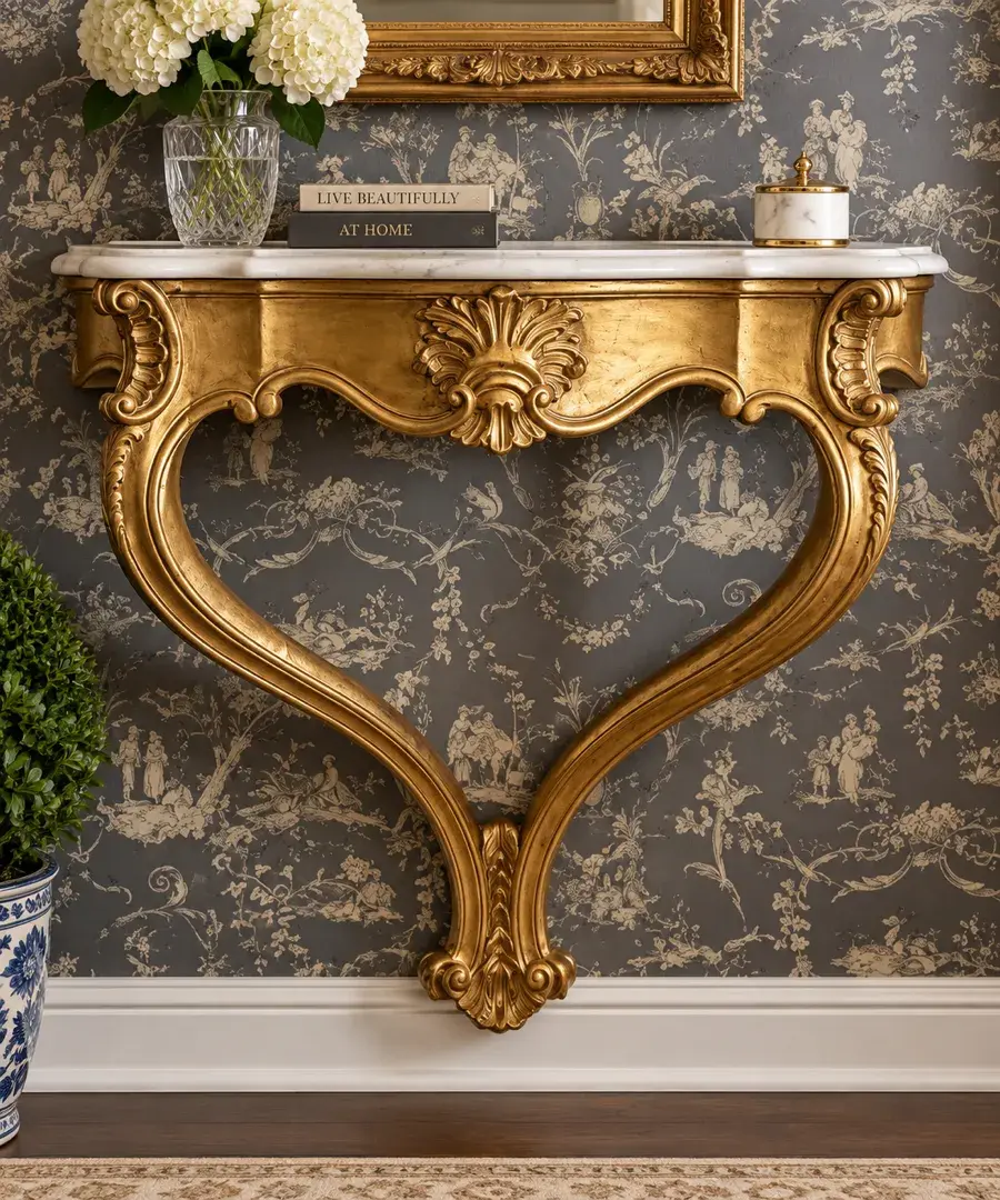 Ornate Gold Gilt Wall Console Table with White Marble Top