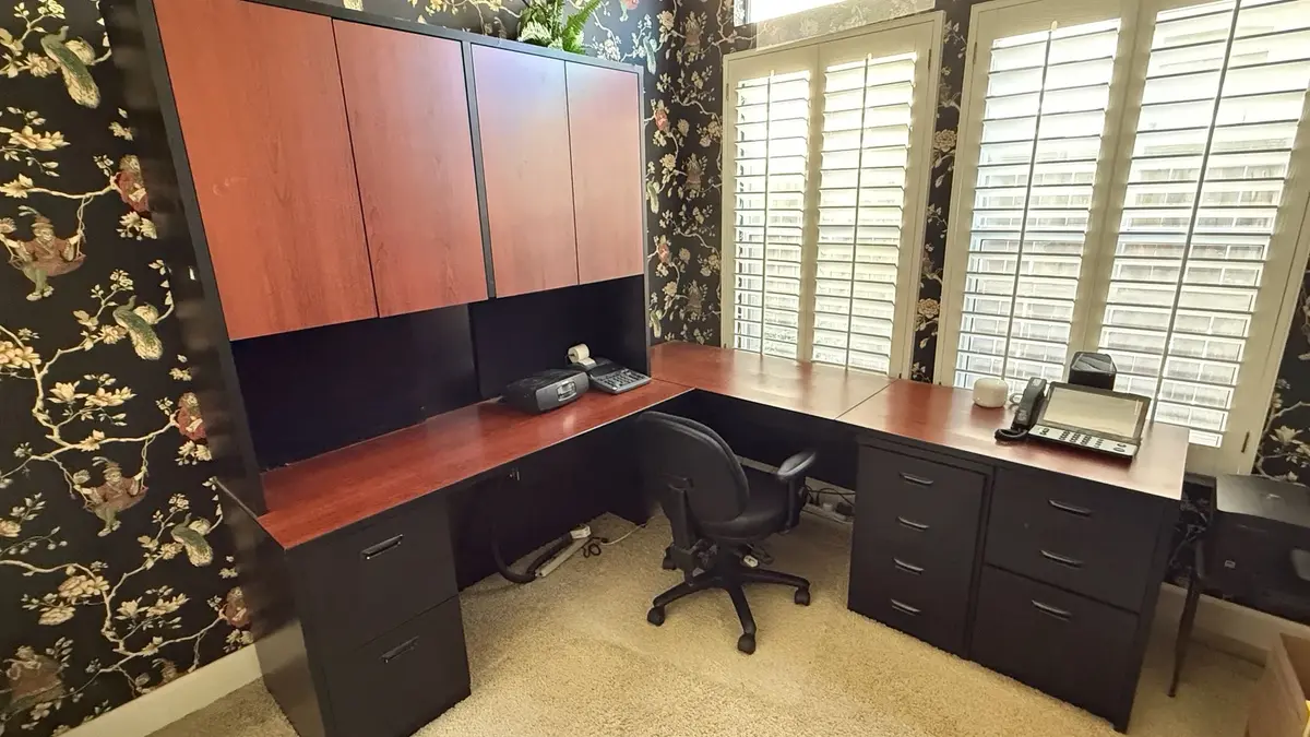 Large L-Shaped Executive Office Desk with Hutch & File Storage  Black/Cherry Finish